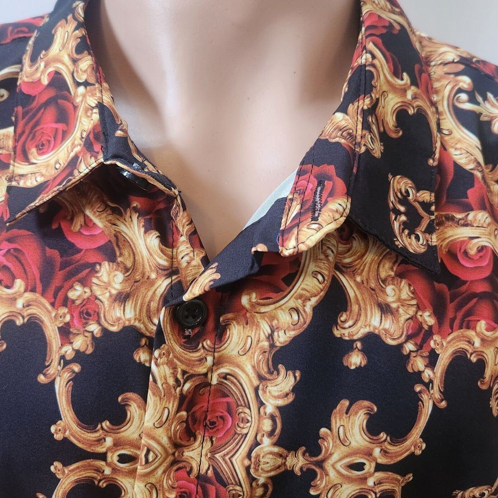 Baroque Gold By Drill Clothing Co. Gold And Red Roses Button Down Shirt 2XL - Picture 3 of 6
